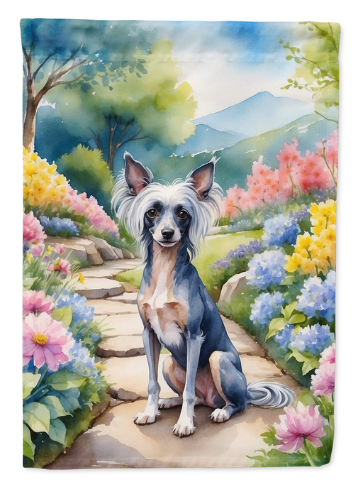 Garden flag featuring Chinese crested dog in spring garden flower path