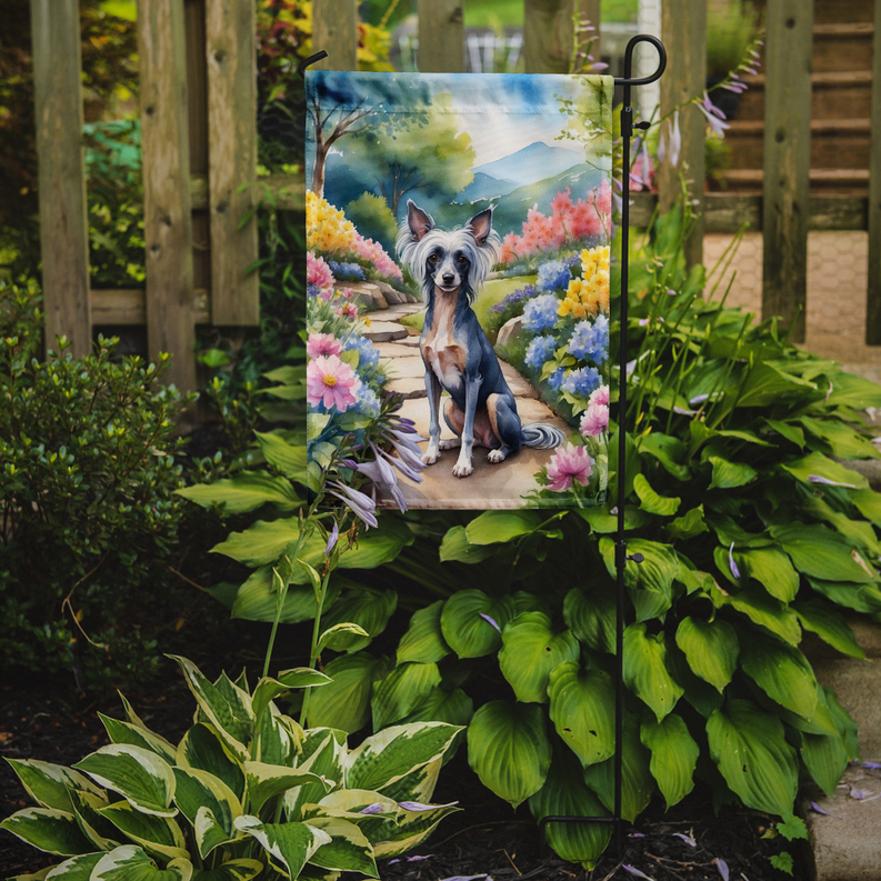 Mounted garden flag on metal stake with spring dog artwork