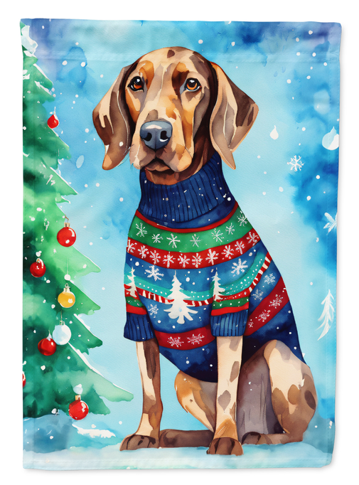 Christmas garden flag close-up of brown-and-white hound in blue festive sweater and skirt