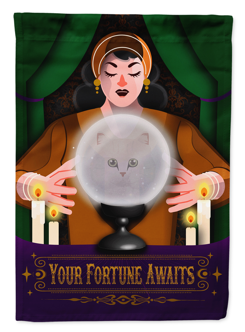 Green garden flag close-up of fortune teller with crystal ball and cat illustration