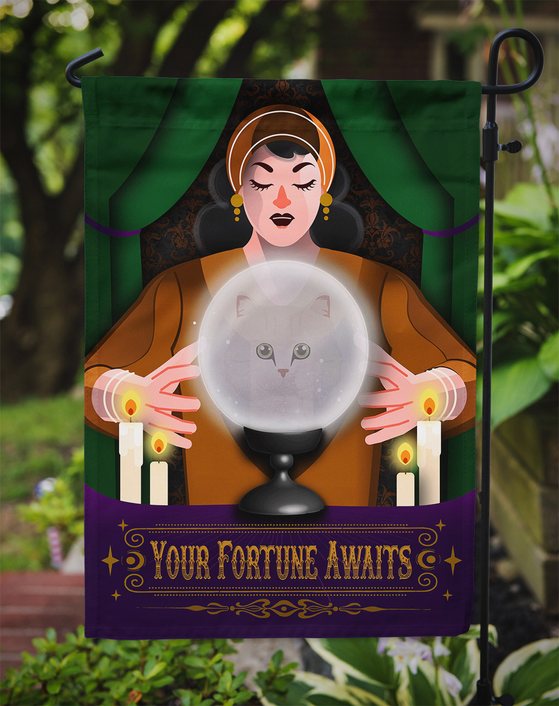 Green garden flag with fortune teller holding a glowing crystal ball with cat