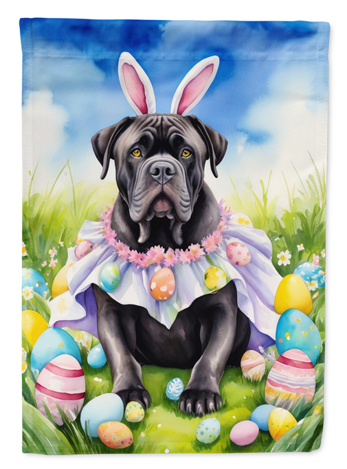 Easter garden flag featuring a black puppy with pink bunny ears and Easter eggs
