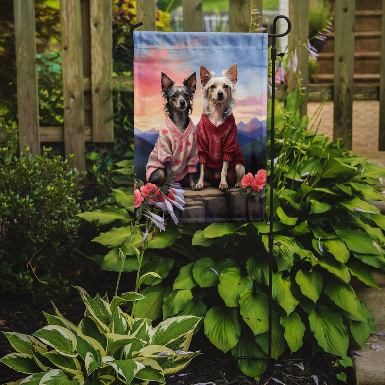 Two-dog garden flag on metal stake with mountain sky and pink flowers