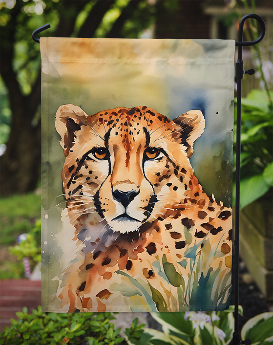 Cheetah garden flag hanging on stake, watercolor cheetah portrait