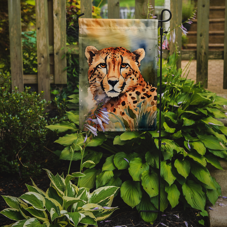 Cheetah garden flag on garden stake, watercolor cheetah with purple flowers