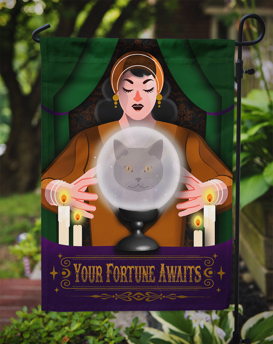 Green Halloween garden flag on pole with fortune teller and Chartreux cat in cauldron