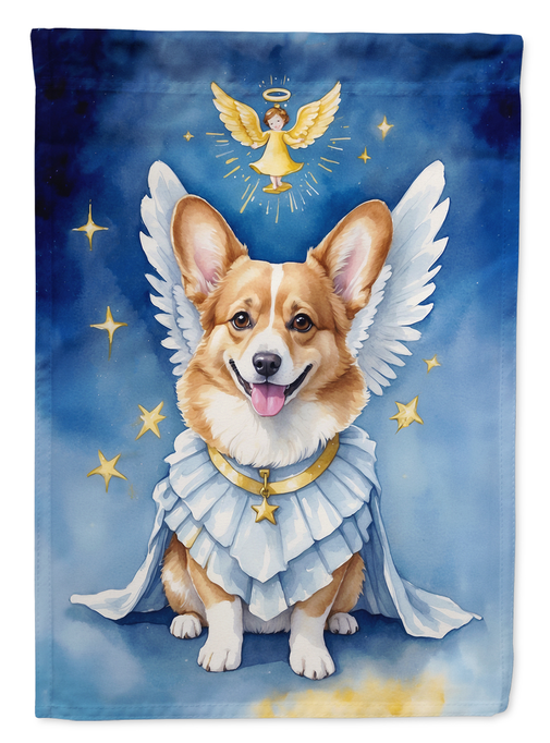 Blue garden flag featuring a seated corgi with white angel wings and golden halo