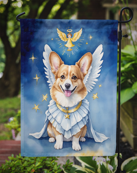 Garden flag with corgi angel artwork, blue background, gold star details, hanging loop