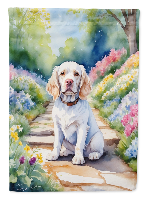 Garden flag watercolor print of golden retriever sitting on a spring walkway