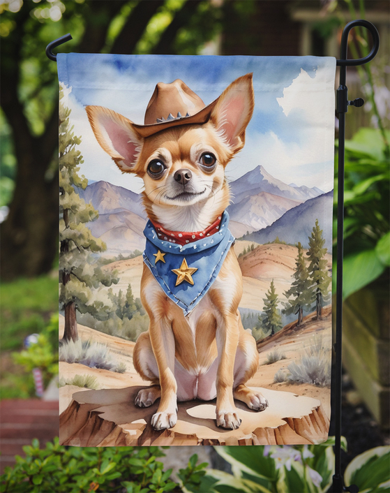 Garden flag with chihuahua cowboy hat and blue star bandana, mountain scene