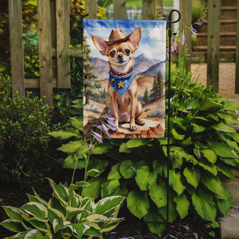 Garden flag on stake with chihuahua cowboy dog wearing blue star bandana