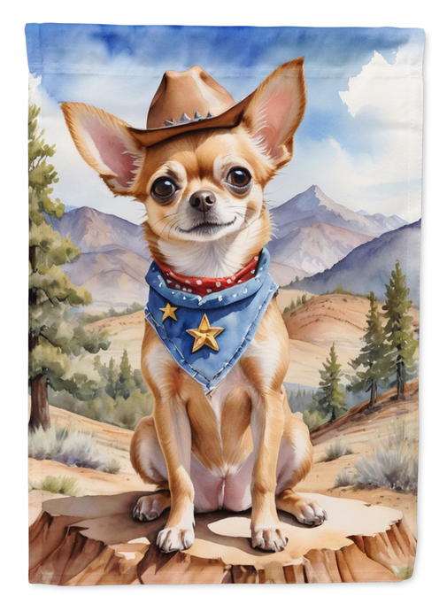 Garden flag featuring chihuahua cowboy with blue star bandana over mountain backdrop