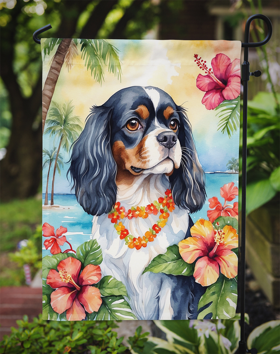 Luau garden flag on outdoor stand with brown-and-white spaniel and red hibiscus at top