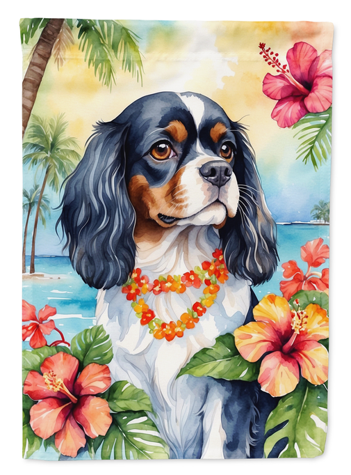 Luau garden flag with blue-and-white spaniel wearing a flower lei and hibiscus blooms