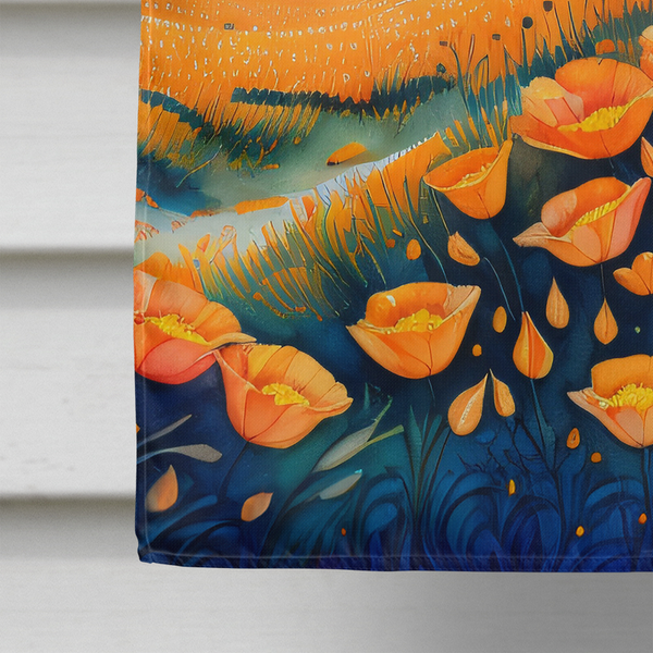 House flag close-up of orange poppies, blue leaves, and golden dot accents