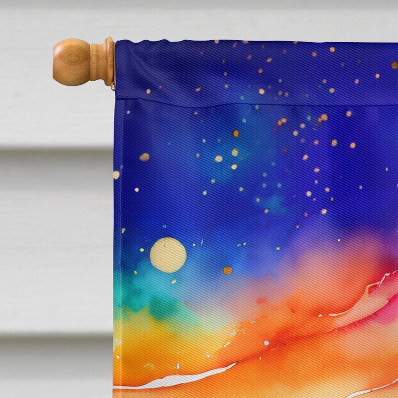 House flag top corner with wooden grommet and blue-orange poppy field design