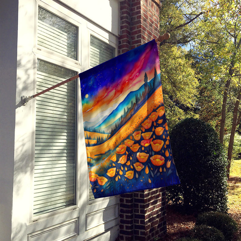 House flag with California poppies landscape artwork, purple-to-orange sky and orange blossoms