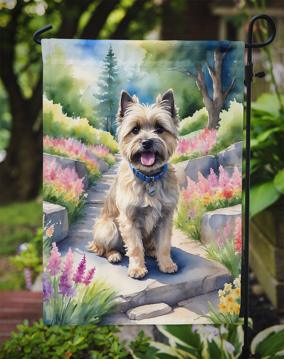 Cairn terrier garden flag with watercolor spring path and flowers