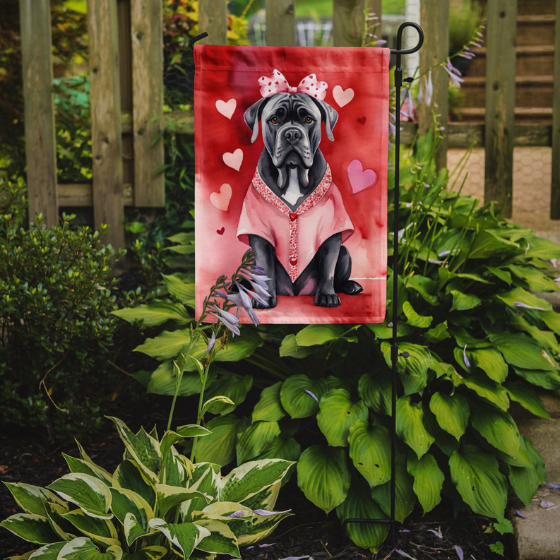 Red valentine dog garden flag of gray cane corso with pink bow and hearts