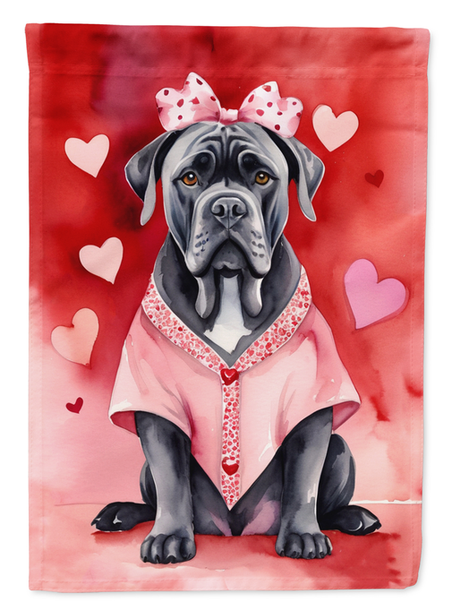 Valentine dog garden flag with gray cane corso in pink bow and hearts