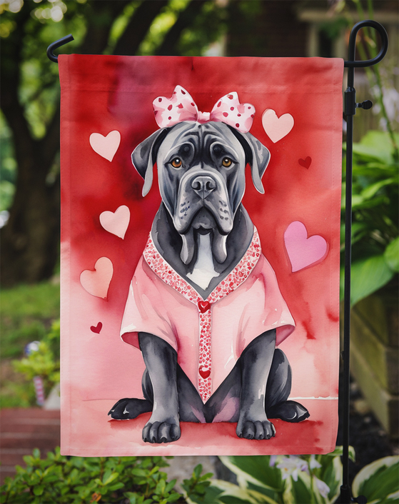 Valentine dog garden flag with gray cane corso in pink robe and heart accents