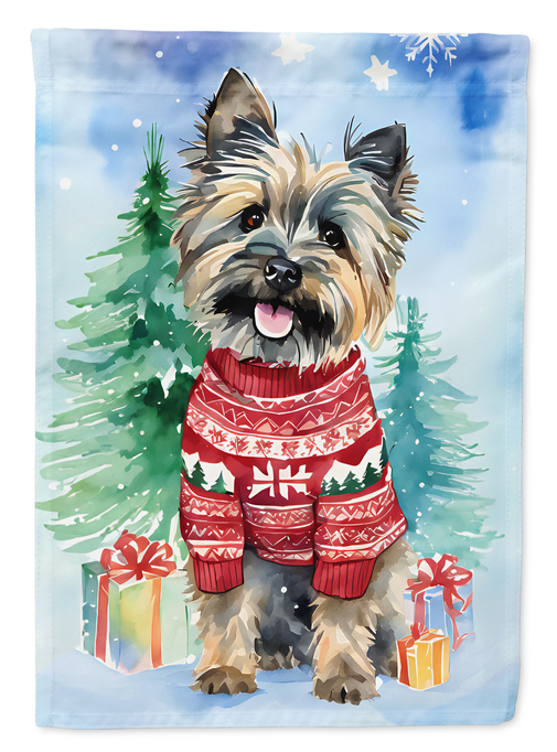 Christmas garden flag showing Cairn terrier in red sweater with gifts and trees