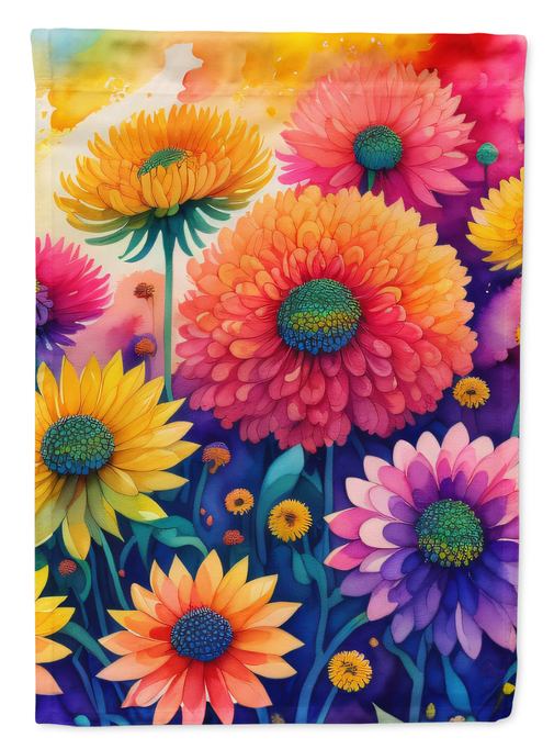 Chrysanthemum garden flag with orange, pink, purple, and yellow flower clusters
