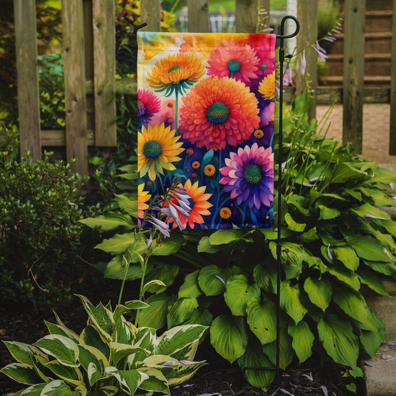 Chrysanthemum garden flag with bright floral pattern on a metal stake