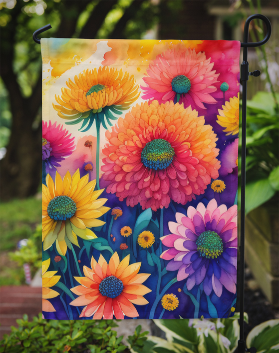 Colorful chrysanthemum garden flag with multi-colored flower blooms