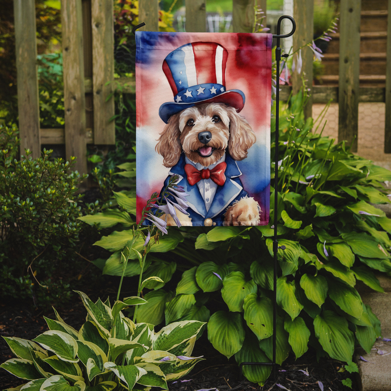 Patriotic cockapoo garden flag standing on garden pole with dog portrait