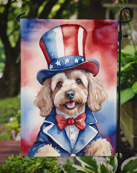 Patriotic cockapoo garden flag on pole, dog in stars top hat and bow
