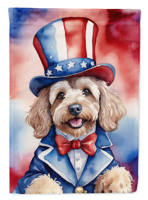 Patriotic cockapoo garden flag featuring dog in stars top hat and bow