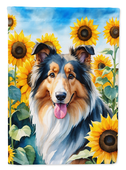 Garden flag featuring two collie dogs surrounded by yellow sunflowers