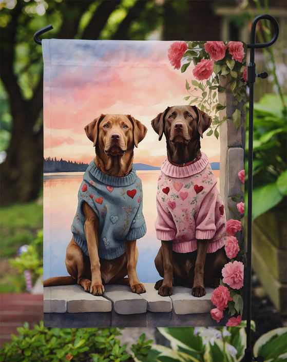 Two Hearts garden flag with two retrievers and pink flower border
