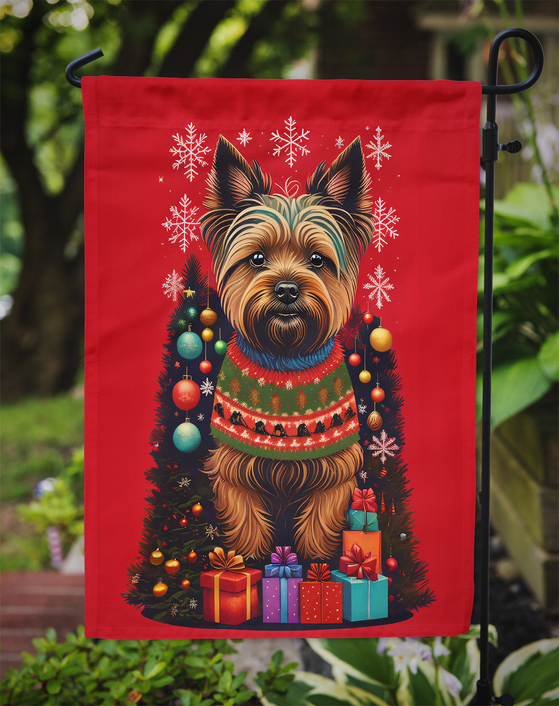 Red holiday garden flag with Cairn terrier in scarf, snowflakes, and gift icons