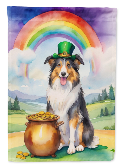 Garden flag close-up with collie wearing green hat under rainbow and pot of gold
