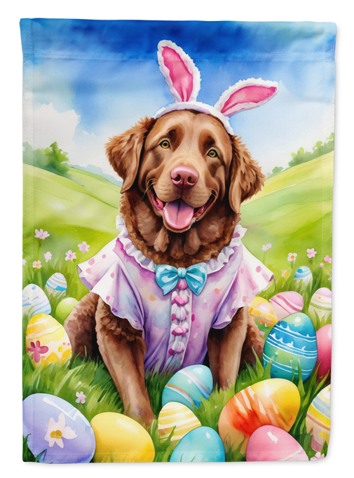 Easter garden flag close-up with smiling retriever wearing pink bunny costume