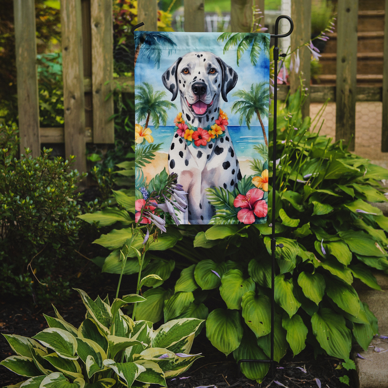 Dalmatian garden flag on a stake with tropical flowers and palm trees
