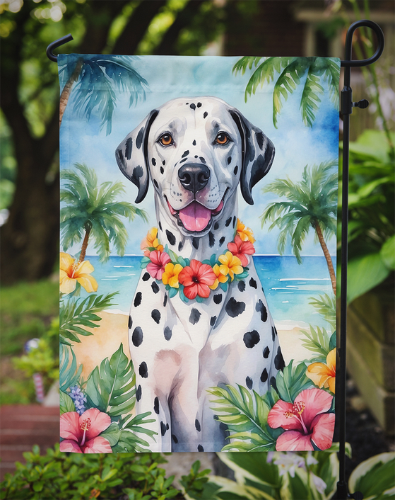 Dalmatian garden flag on a stake with tropical ocean, palms, and hibiscus blooms