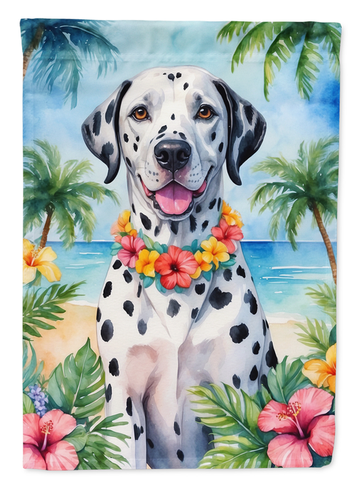 Dalmatian garden flag with tropical palms, hibiscus flowers, and a smiling dog