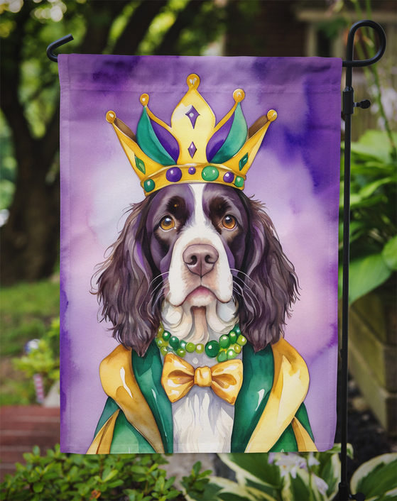 English Springer Spaniel garden flag on a pole with crown and bead necklace