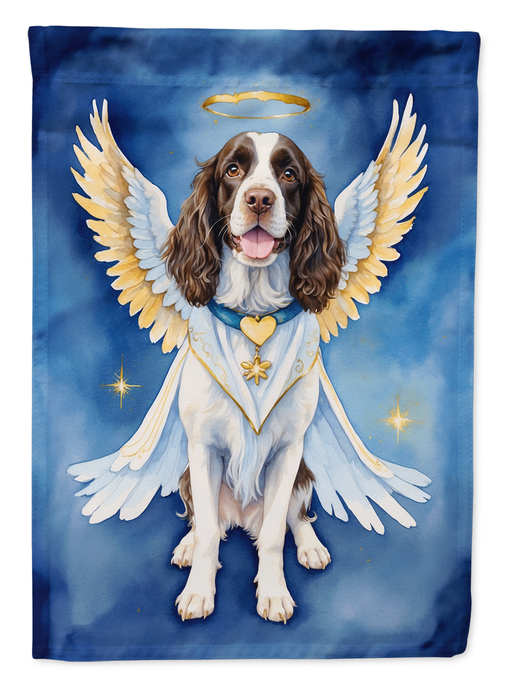 Blue garden flag featuring angel dog in white robe with large feathered wings.