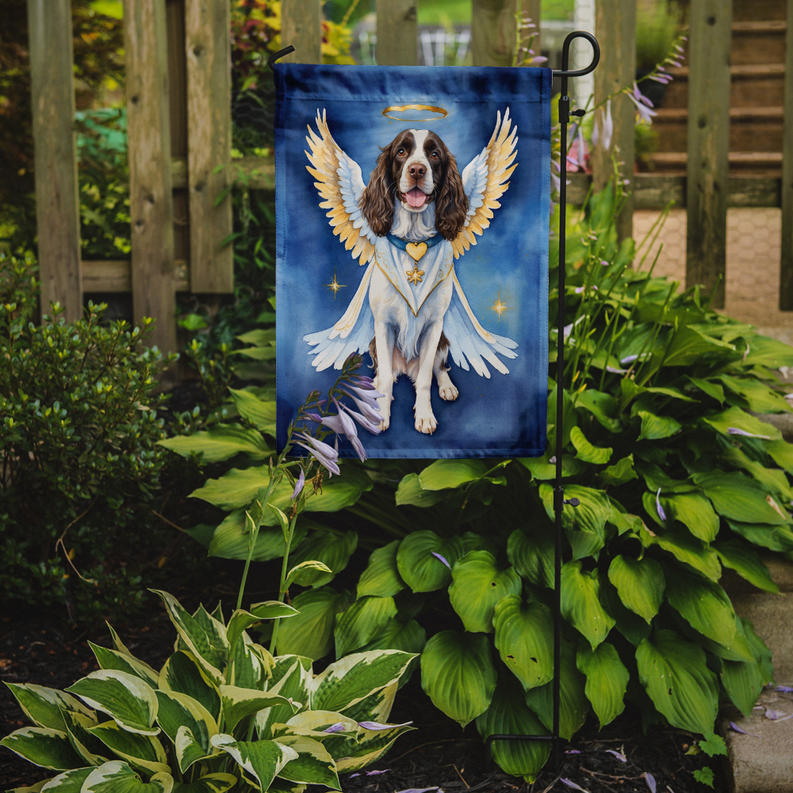 Garden flag on stake with angel dog artwork, blue field and white feather wings.