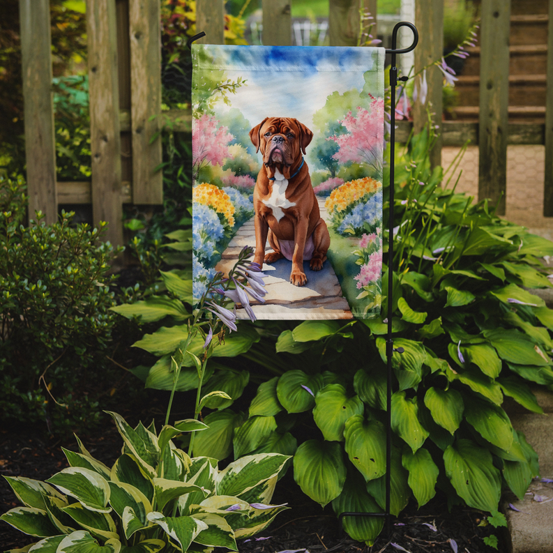 Dogue de Bordeaux garden flag with sitting dog on watercolor path