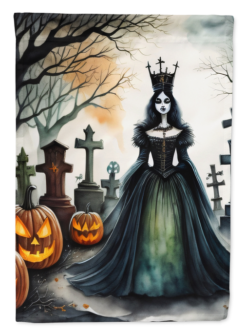 Spooky Halloween garden flag with evil queen, cemetery crosses and glowing pumpkins.