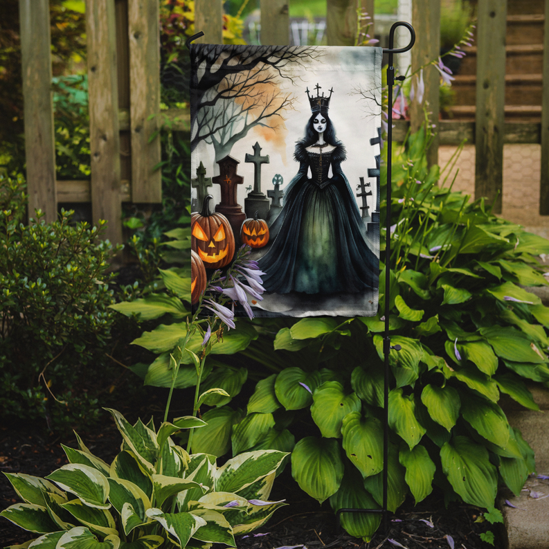 Spooky Halloween garden flag featuring evil queen in dark gown beside jack-o'-lanterns.