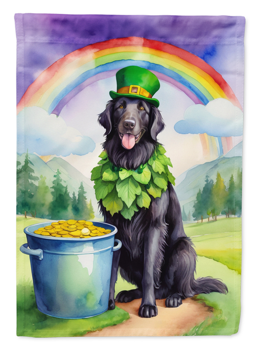 Garden flag with black Flat-Coated Retriever in green hat, rainbow over landscape