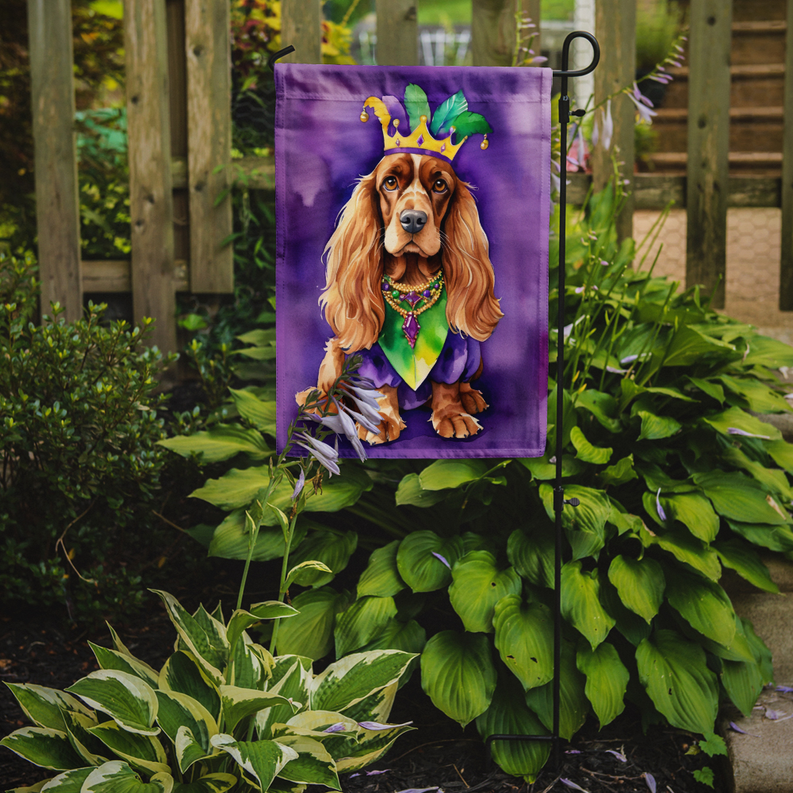 Purple king Mardi Gras garden flag featuring a cocker spaniel dog on a yard stake