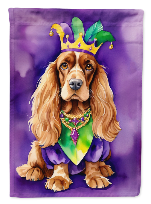 Purple king Mardi Gras garden flag with a golden cocker spaniel dog and crown