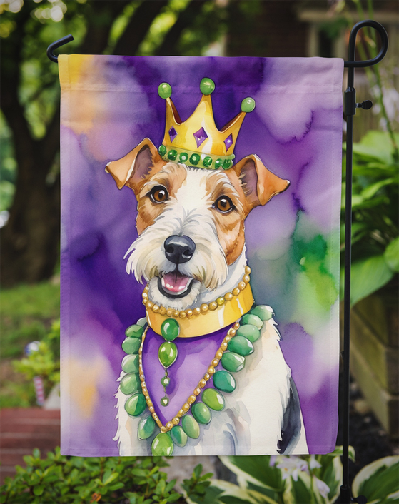 Fox terrier garden flag with green Mardi Gras crown and bead necklace on purple watercolor